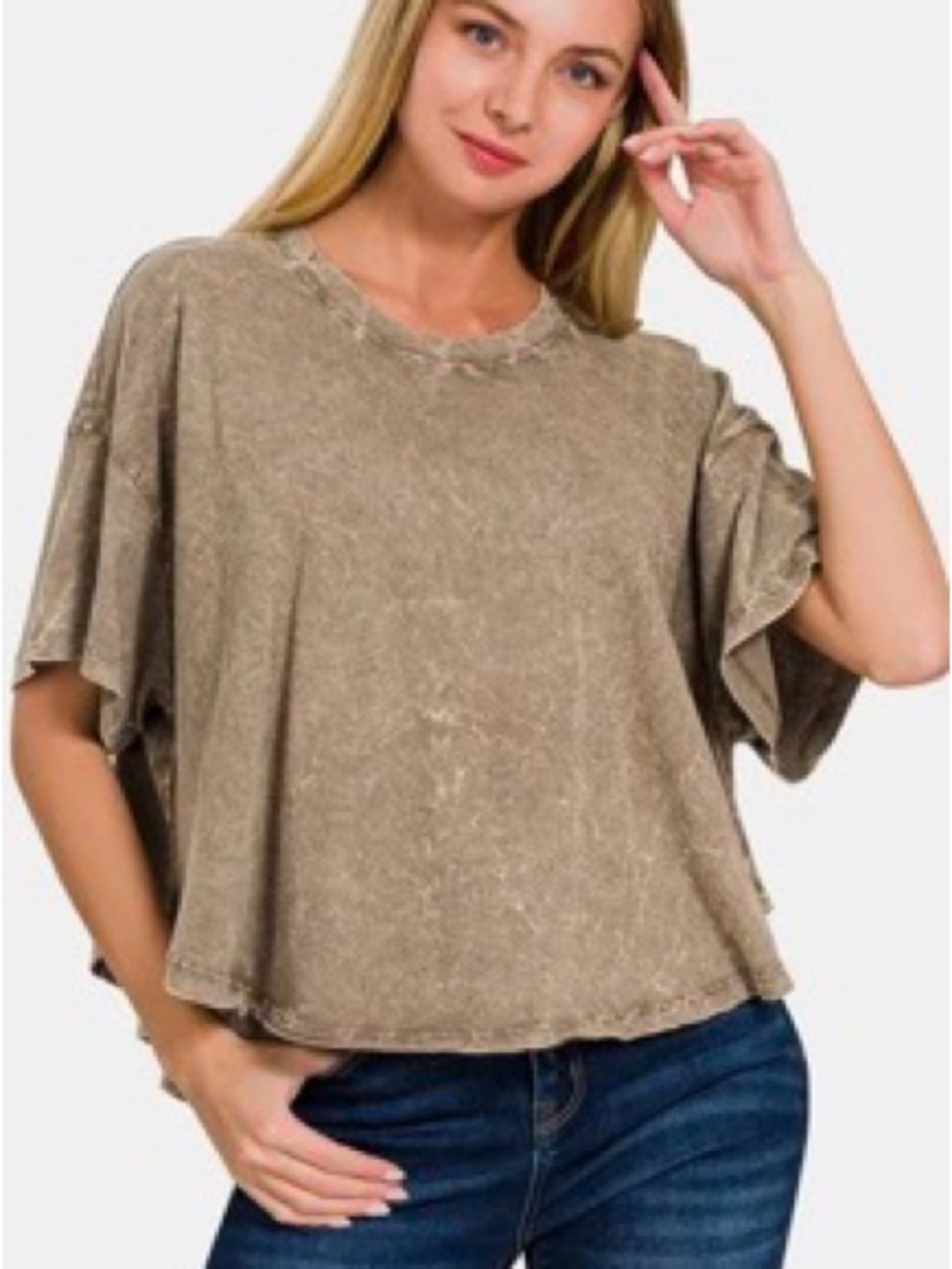100% Cotton Mineral Washed Olive Crop Crewneck Tee - Women